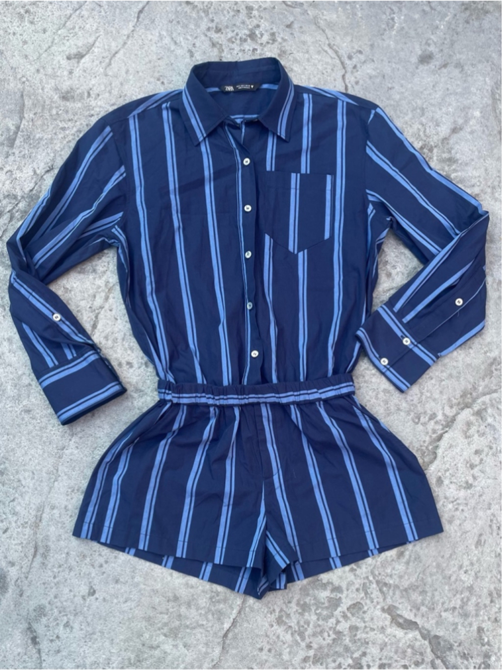 Zara Striped Shirt Romper | Navy Blue | Size L | Linen Blend | Long Sleeve - Picture 4 of 10